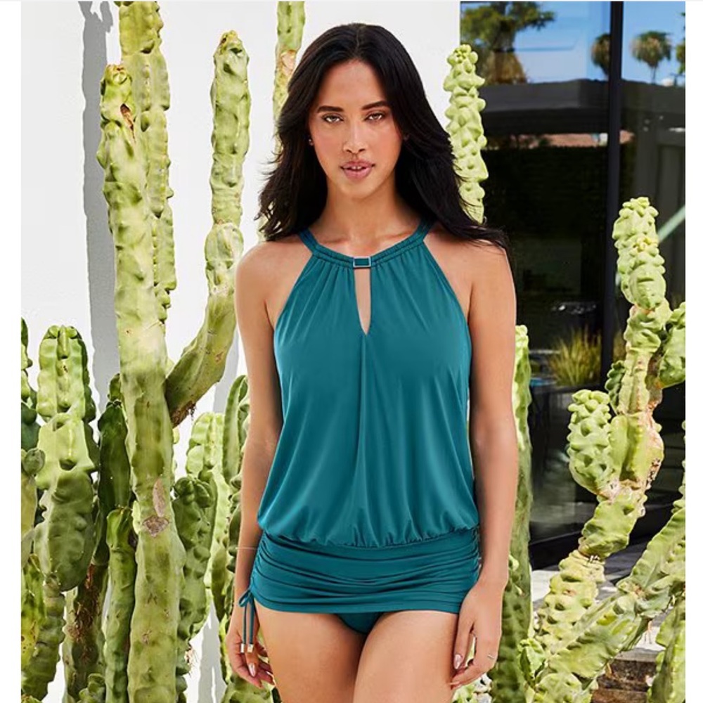 Magicsuit Susan Solid Underwire Keyhole Highneck Blouse side tie one piece